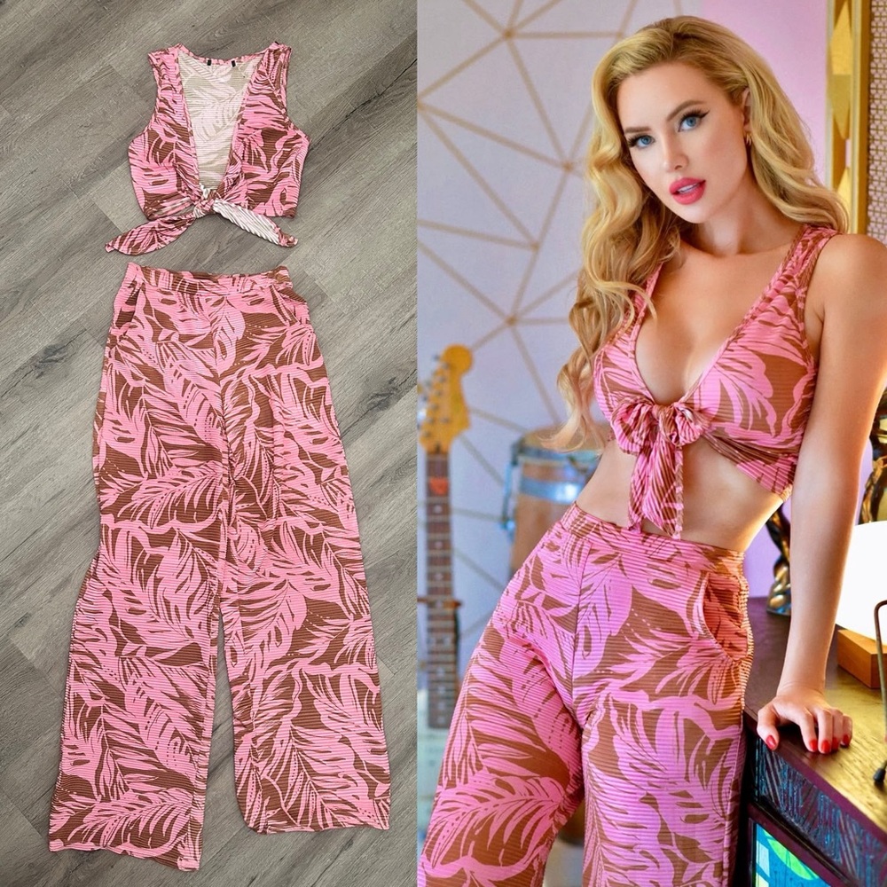 Pink and Brown Leaf Print Two-Piece Set